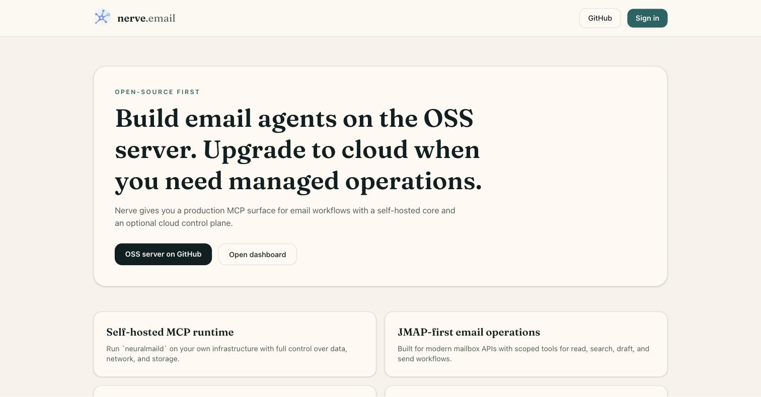 The nerve.email landing page, built by Axiom Atlas
